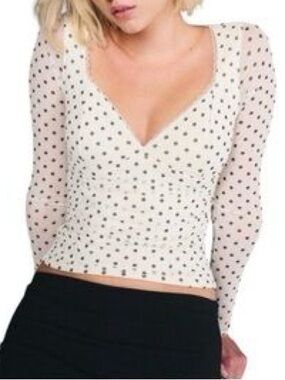 Abercrombie & Fitch White Sheer Polka Dot V-Neck Long Sleeve Top